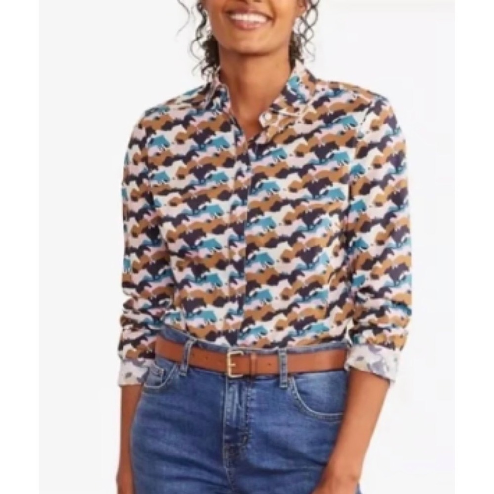 Boden The Classic Shirt Womens 14R Cotton Horse Print Button Down Equestrian